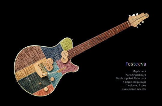 Jersey Girl Homemade Guitars - Tapa Festeeva, handcrafted electric guitar with maple neck and colorful design.