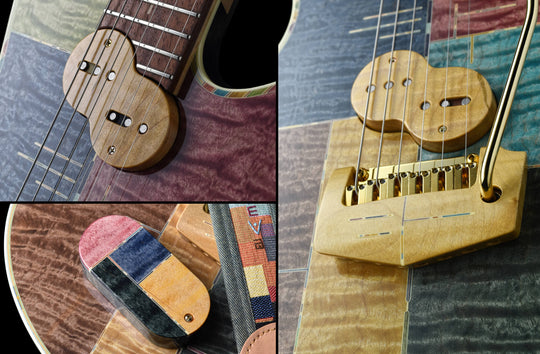 Jersey Girl Homemade Guitars - Tapa Festeeva close-up showing unique handcrafted details and colors of the guitar.