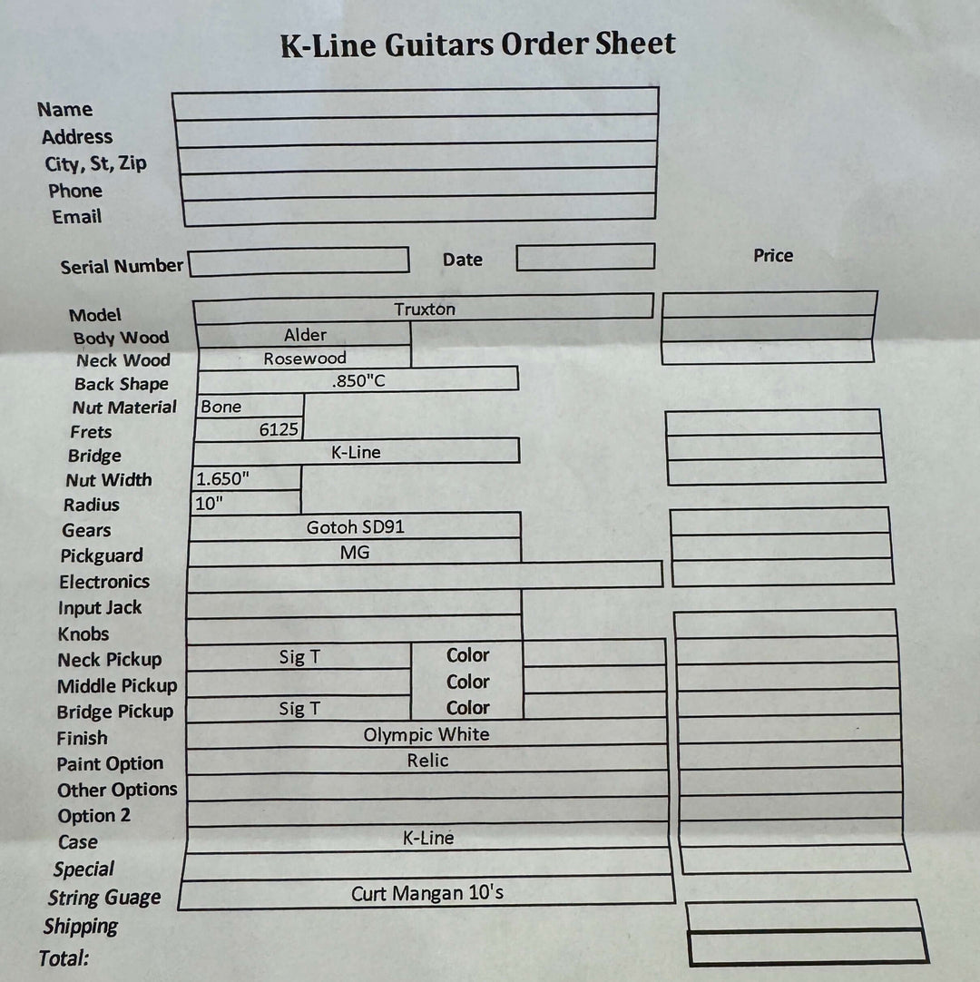 K-Line Truxton - Olympic White, NEW (Authorized Dealer) order sheet for guitar specifications and details.