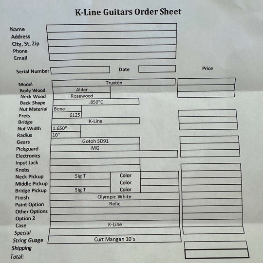 K-Line Truxton - Olympic White, NEW (Authorized Dealer) order sheet for guitar specifications and details.