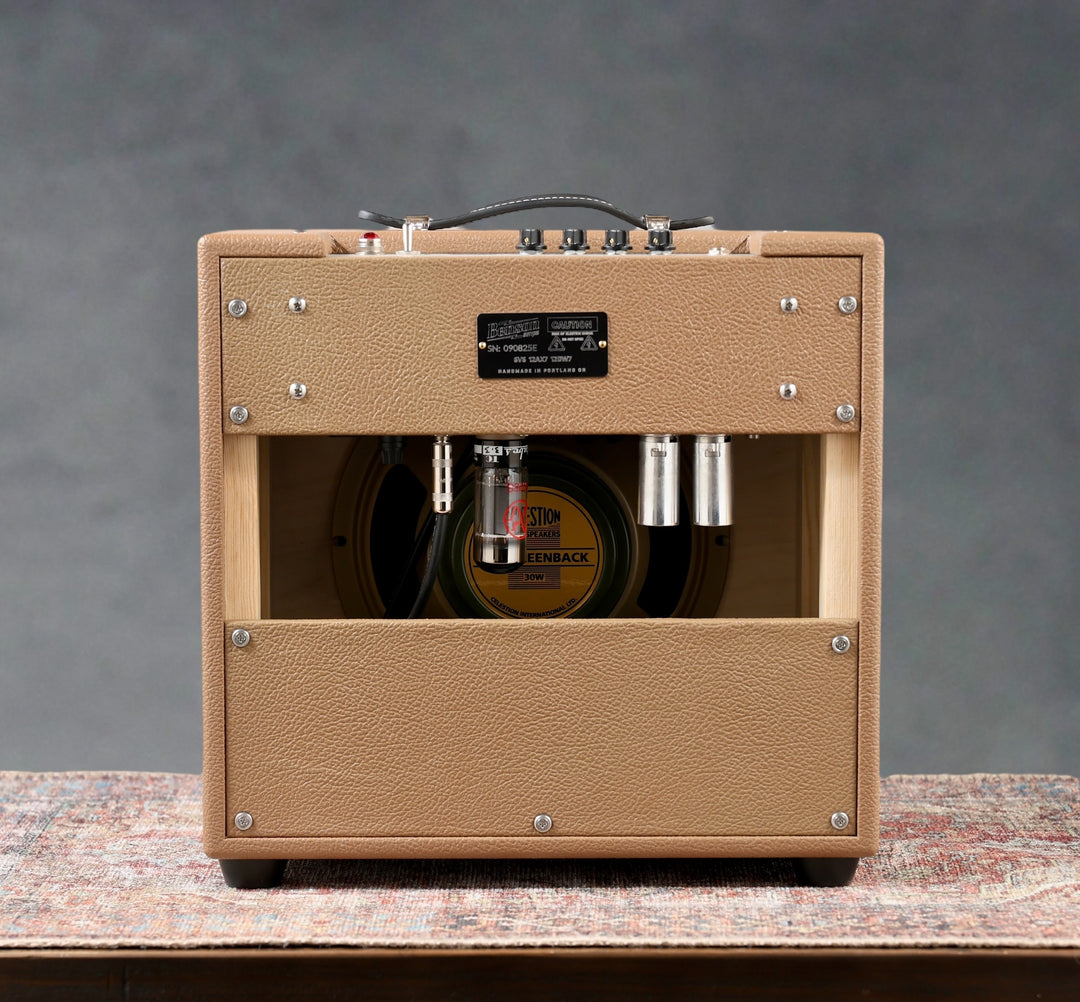 Benson Amps Nathan Jr. Reverb Combo 2025 in cocoa and light brown with wheat grill-cloth, back view with speaker and tubes.