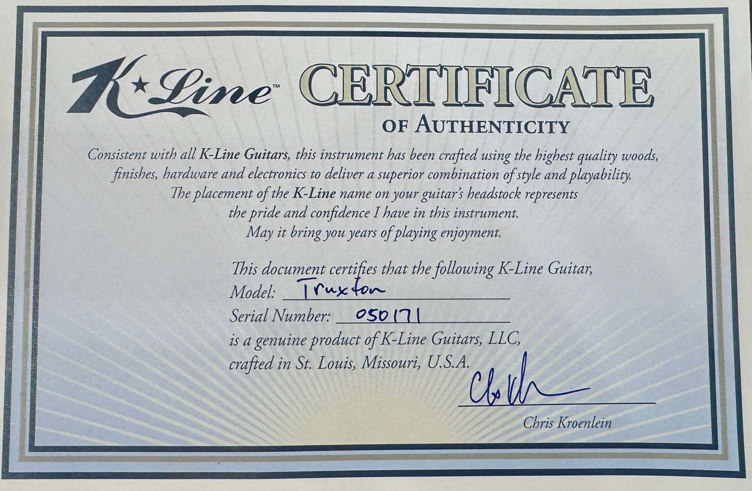 K-Line Truxton - Olympic White, NEW (Authorized Dealer) Certificate of Authenticity for K-Line Guitars