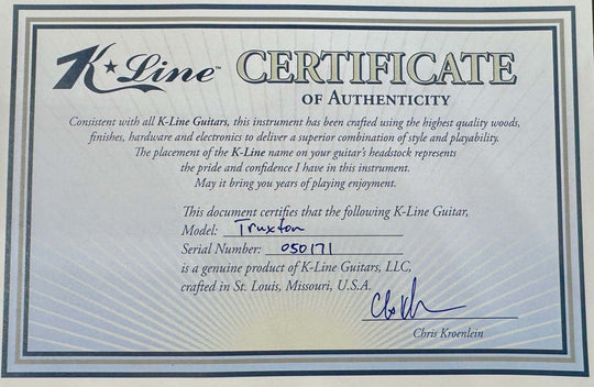 K-Line Truxton - Olympic White, NEW (Authorized Dealer) Certificate of Authenticity for K-Line Guitars