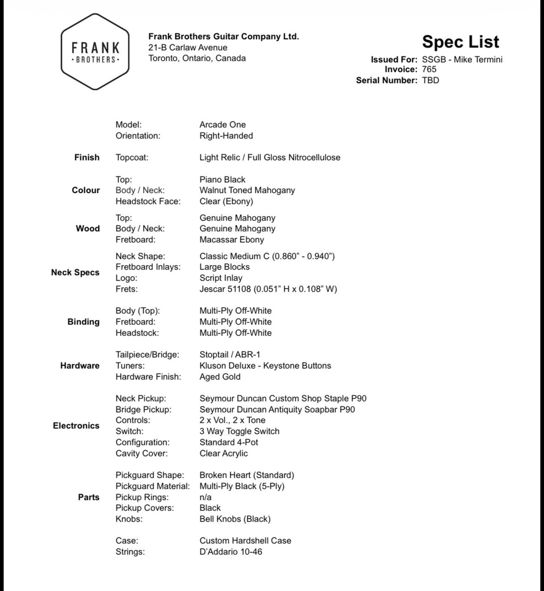 Frank Brothers Guitar Company - CUSTOM ARCADE ONE MODEL. Piano Black. 2026 / NEW (Authorized Dealer)