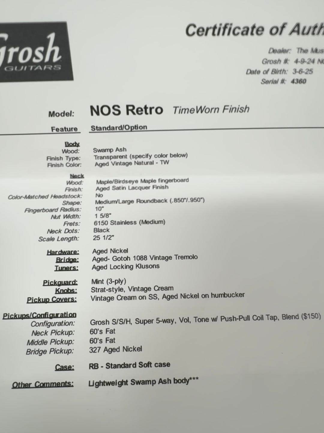 Grosh NOS Retro HSS Aged Vintage Natural - 2025