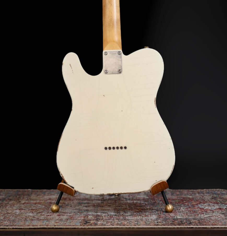 K-Line Truxton - Olympic White, NEW (Authorized Dealer) back view guitar body with natural wood finish on display