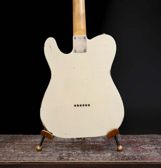 K-Line Truxton - Olympic White, NEW (Authorized Dealer) back view guitar body with natural wood finish on display