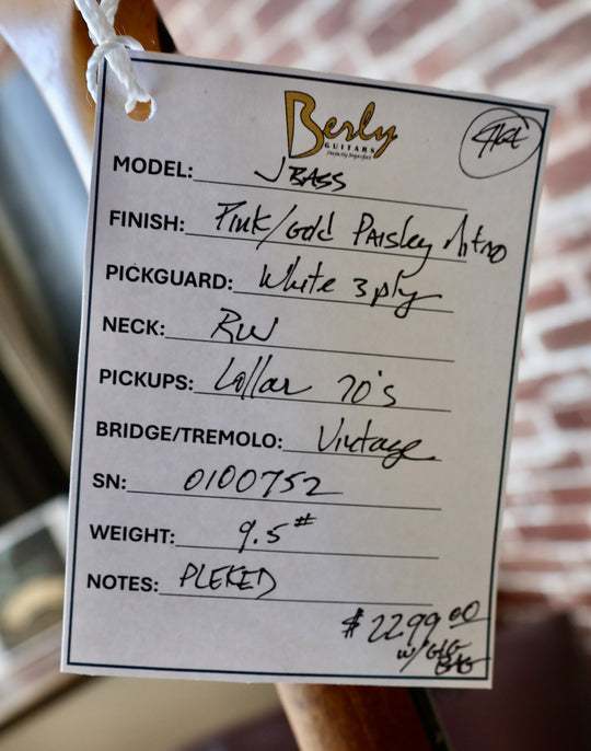 Berly J Bass - Pink/Gold Paisley. NEW (Authorized Dealer) by South Shore Guitar Boutique