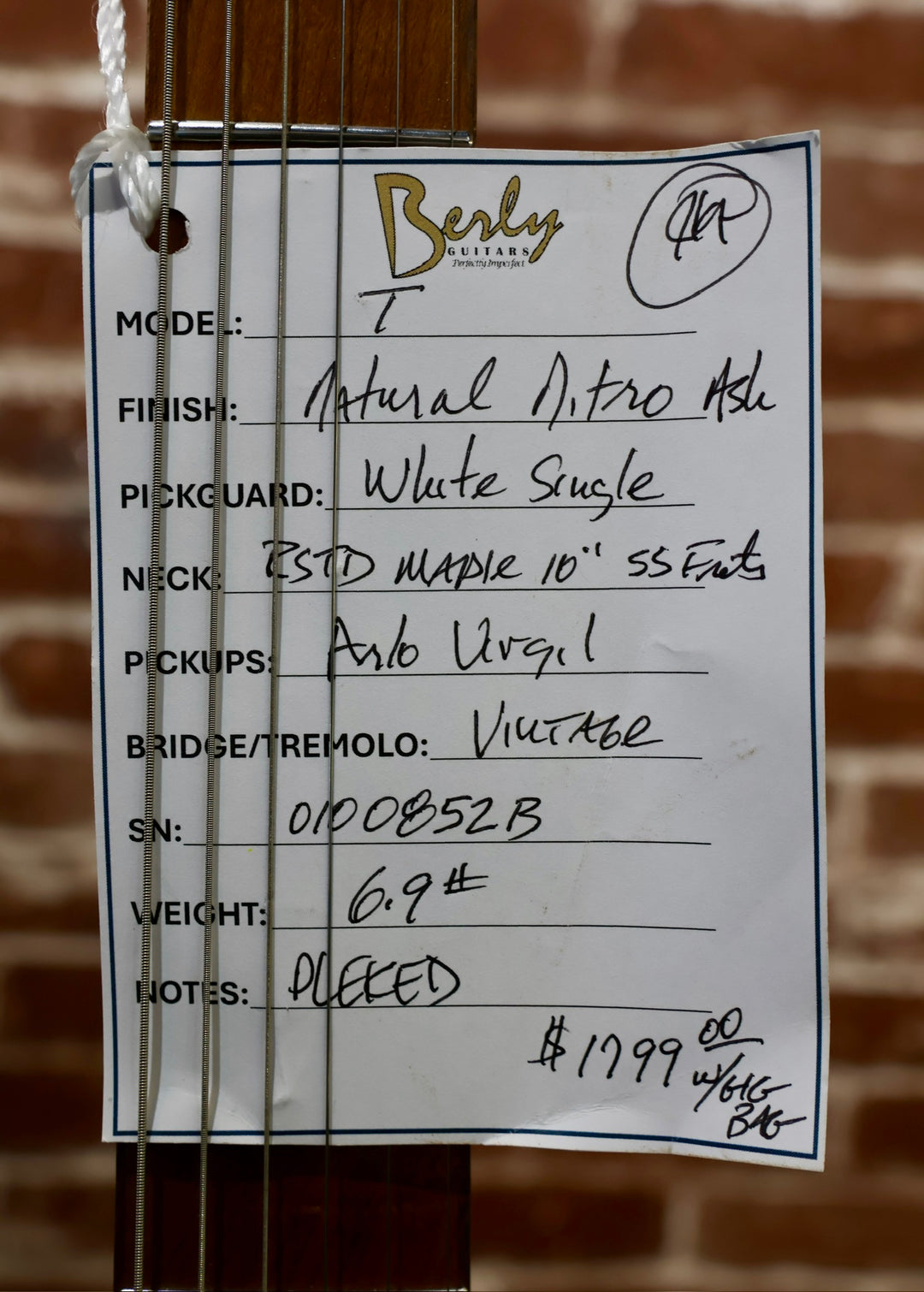 Berly Guitars T model - Natural - Virgil Arlo Pickups - 6.9lbs. NEW, (Authorized Dealer) by South Shore Guitar Boutique