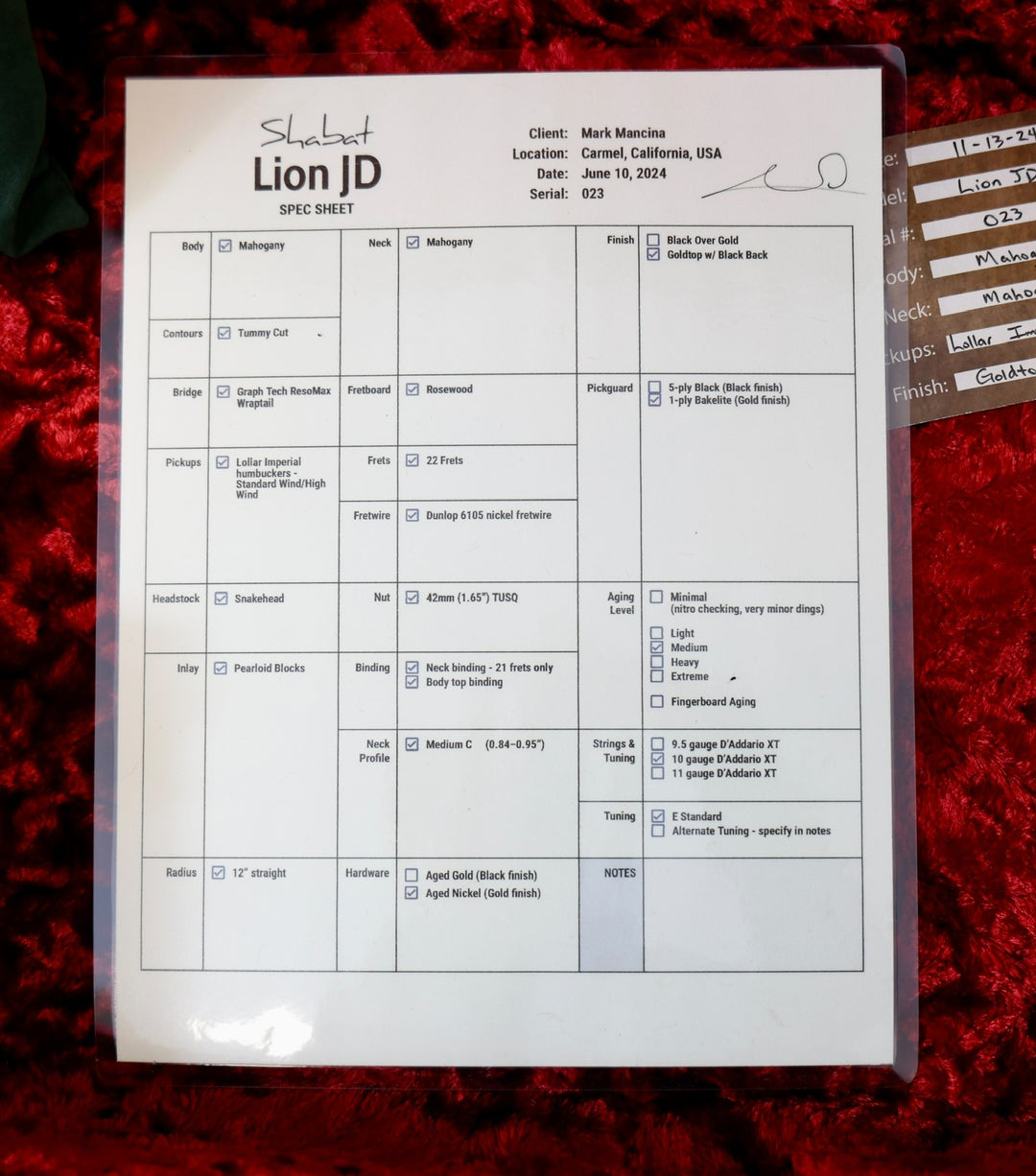 Shabat Lion JD W/ Castedosa TS-Humbuckers. Comes w/ OG Lollar Imperial Pickups