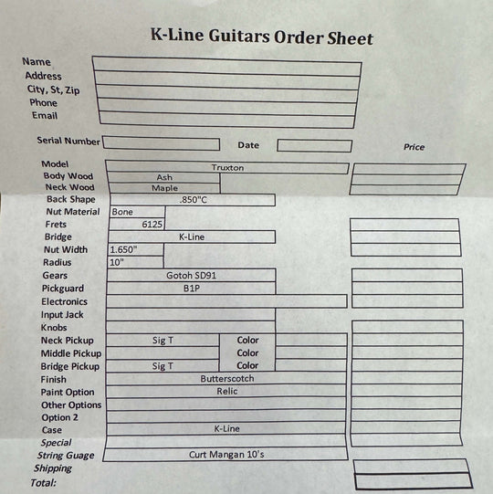 K-Line Truxton - Butterscotch Blonde. NEW, (Authorized Dealer) order sheet for K-Line guitars.