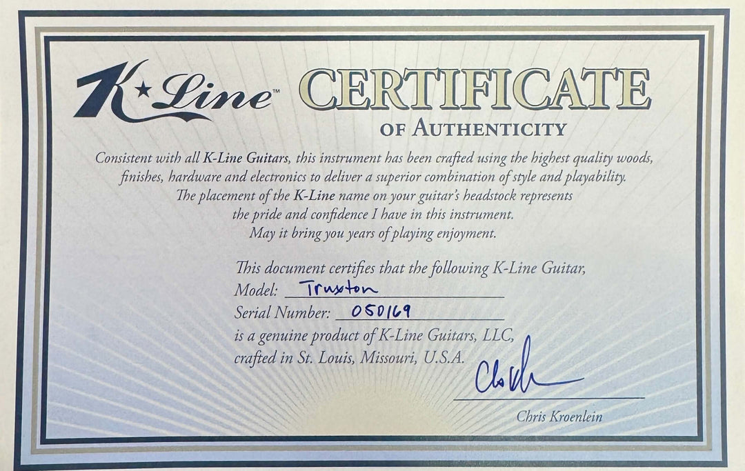 K-Line Truxton - Butterscotch Blonde. NEW, (Authorized Dealer) Certificate of Authenticity for K-Line Guitar.