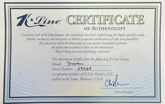 K-Line Truxton - Butterscotch Blonde. NEW, (Authorized Dealer) Certificate of Authenticity for K-Line Guitar.