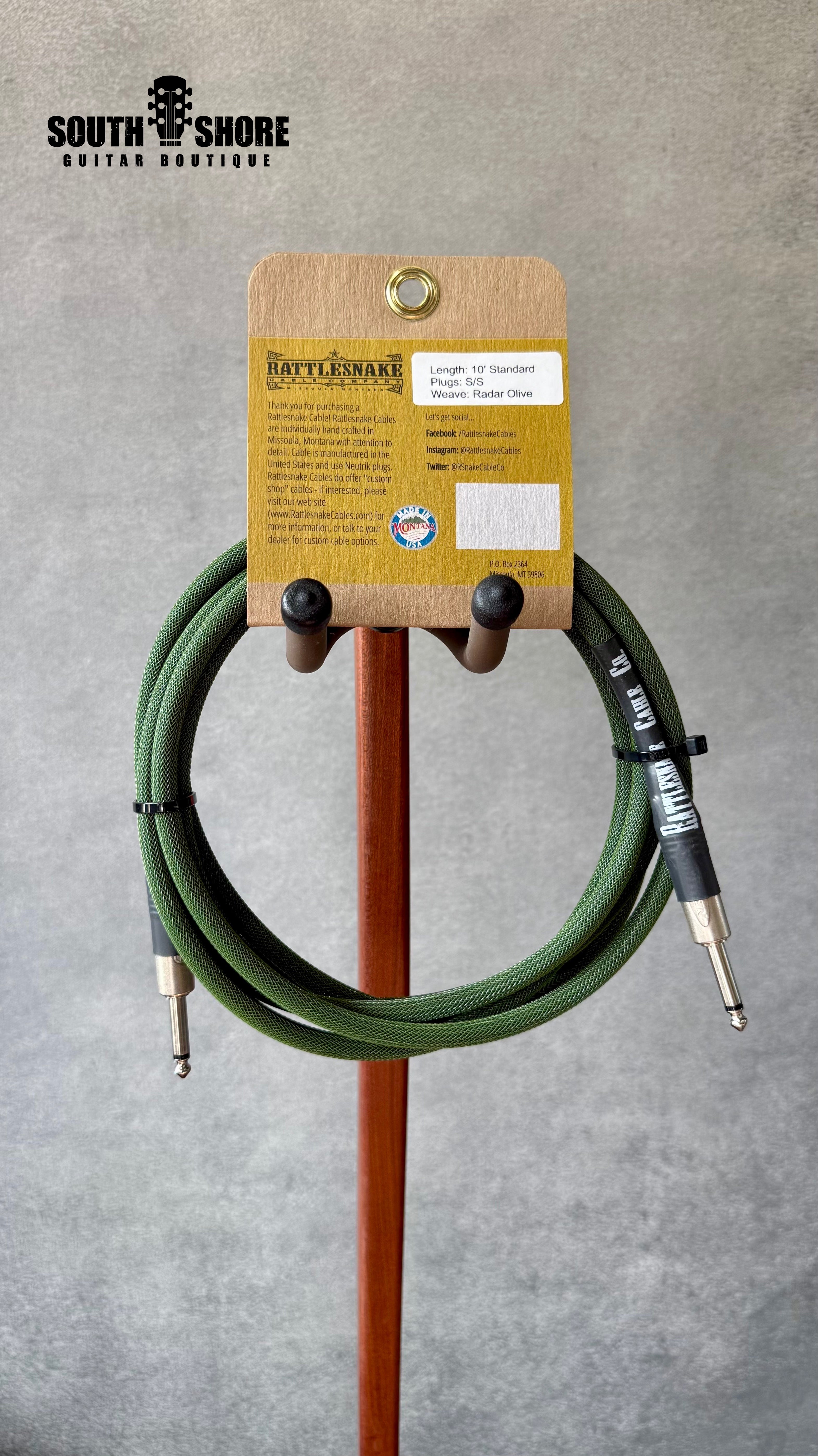 Rattlesnake 10' Standard Instrument Cable (Straight to Straight, Radar Olive) by Rattlesnake Cable Company