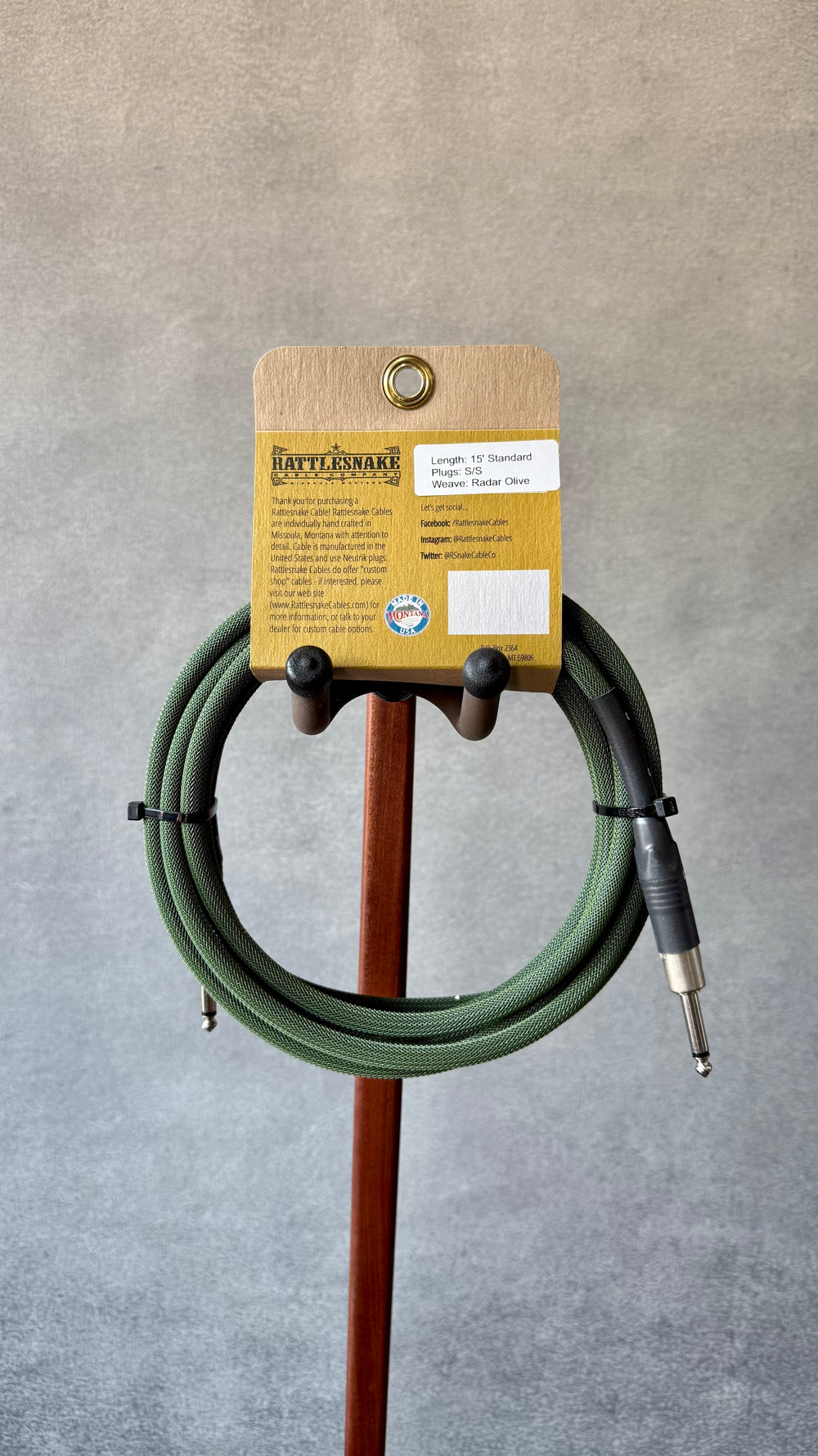 Rattlesnake 15' Standard Radar Olive Instrument Cable – Straight to Straight (Authorized Dealer) by Rattlesnake Cable Company