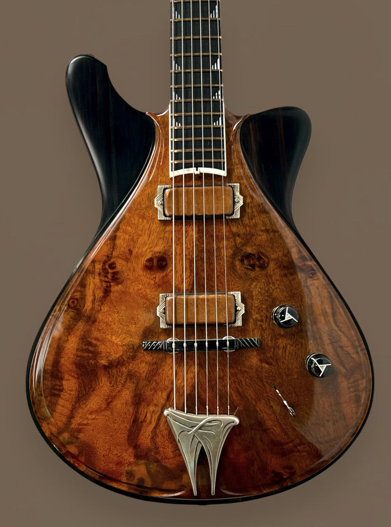 Jesselli Guitars Modernaire Circa 1989-1990 Natural Walnut & Ebony. Owned by Alan Rogan touring tech for Keith Richards. (Authorized Jesselli Dealer)