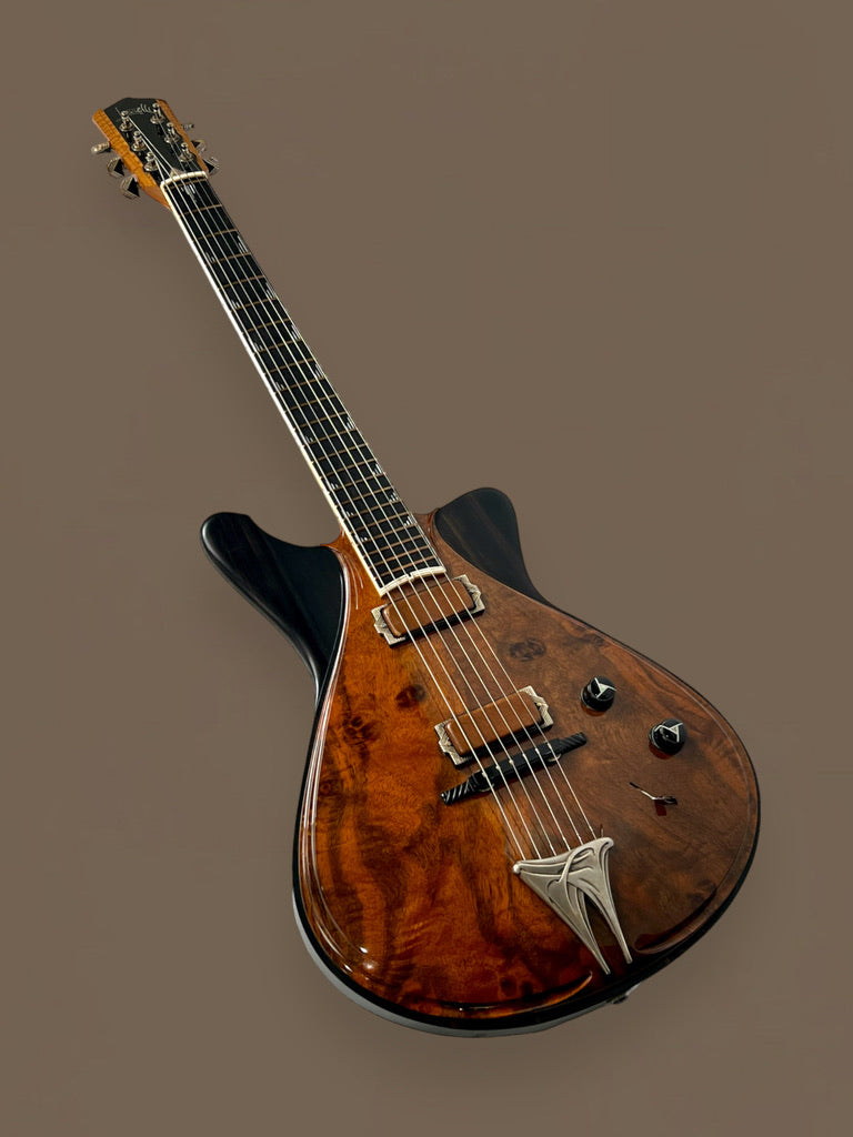 Jesselli Guitars Modernaire Circa 1989-1990 Natural Walnut & Ebony. Owned by Alan Rogan touring tech for Keith Richards. (Authorized Jesselli Dealer)